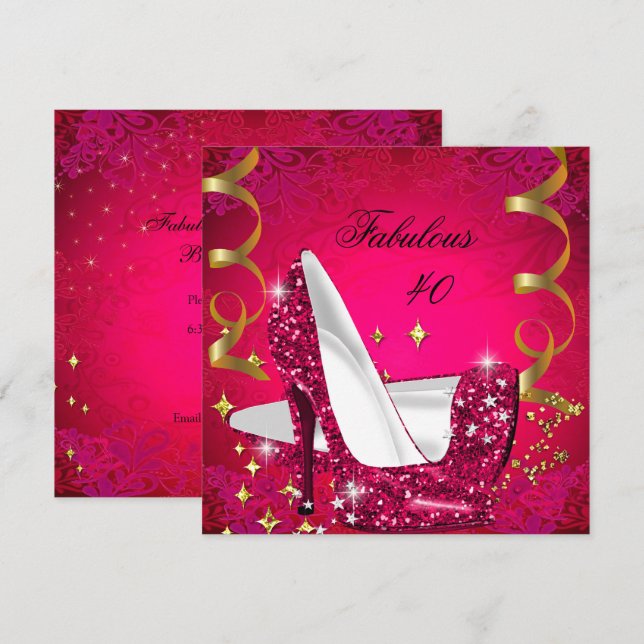 Fabulous 40 Womans Rosa Red Guld Heels Birthday Inbjudningar (Fram/baksida)