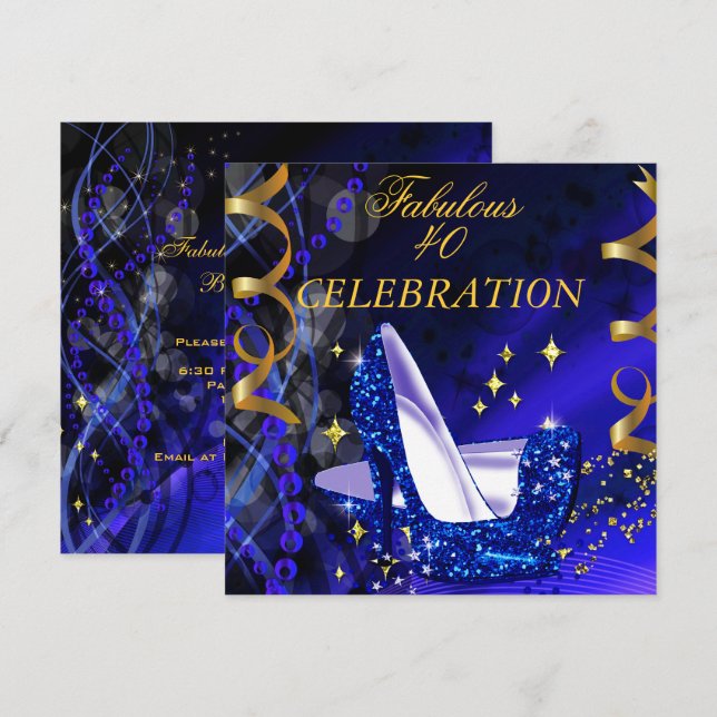 Fabulous 40 Womans Royal Blue Guld Heels Birthday Inbjudningar (Fram/baksida)