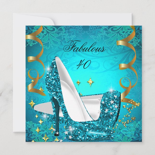 Fabulous 40 Womans Teal Guld Heels Birthday 2 Inbjudningar (Framsida)