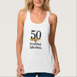 Fabulous 50 Anpassningsbar Age Funny Birthday Linne Med Racerback<br><div class="desc">50-falskt svartvit och guld-tanktop som firar en milstolpe-födelsedag. Ändra åldern till använda för alla delmålsfödelsedag. Besök den Pappra Grape Zazzle Designer-butiken för samordnade party-varor.</div>