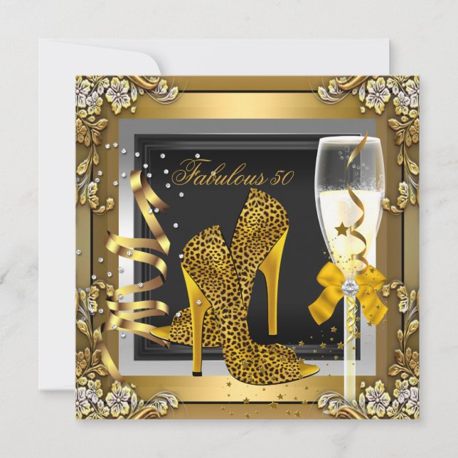 Fabulous 50-årsdag med guld leopard svart champagn inbjudningar (Framsida)