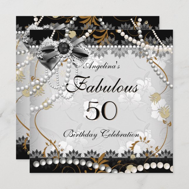 Fabulous 50 Beige Guld Black Grått Blommigt Birthd Inbjudningar (Fram/baksida)