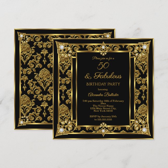 Fabulous 50 Birthday Guld Black Damask Diamond Inbjudningar (Fram/baksida)
