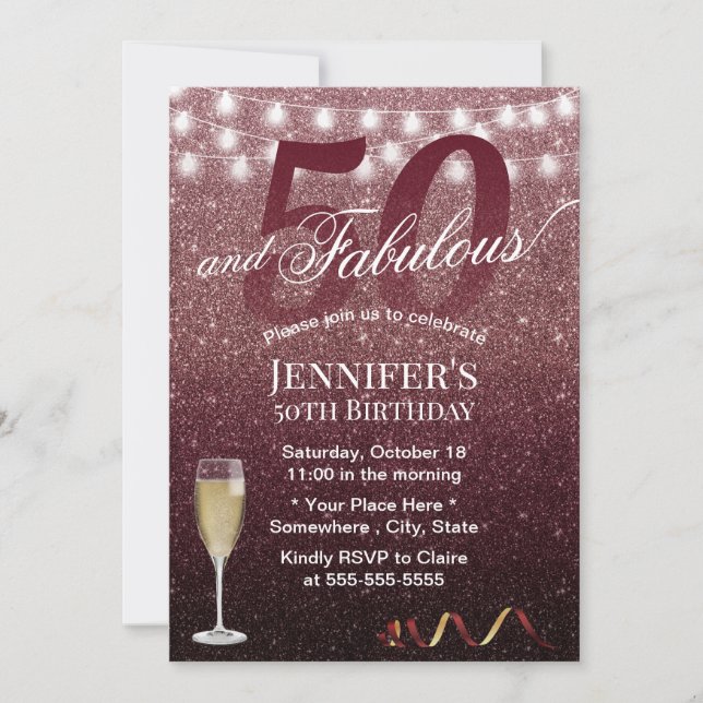 Fabulous 50 Birthday Modern Burgundy Red Glitter Inbjudningar (Framsida)