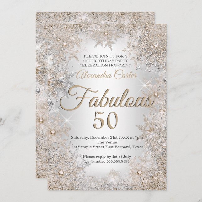 Fabulous 50 Birthday Photo Silver Beige Snowflake Inbjudningar (Fram/baksida)