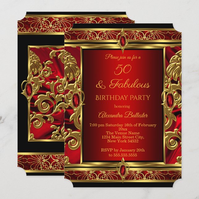 Fabulous 50 Birthday Red Ruby Jewel Damask Guld Inbjudningar (Fram/baksida)