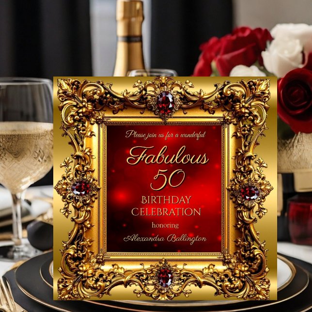 Fabulous 50 Birthday Regal Red Guld Gem Inbjudningar (Skapare uppladdad)