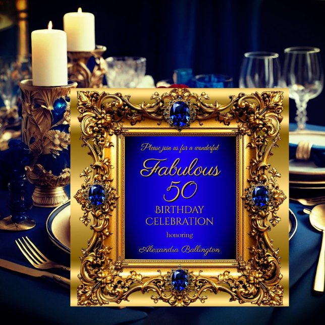 Fabulous 50 Birthday Royal Blue Guld Gem Inbjudningar (Skapare uppladdad)