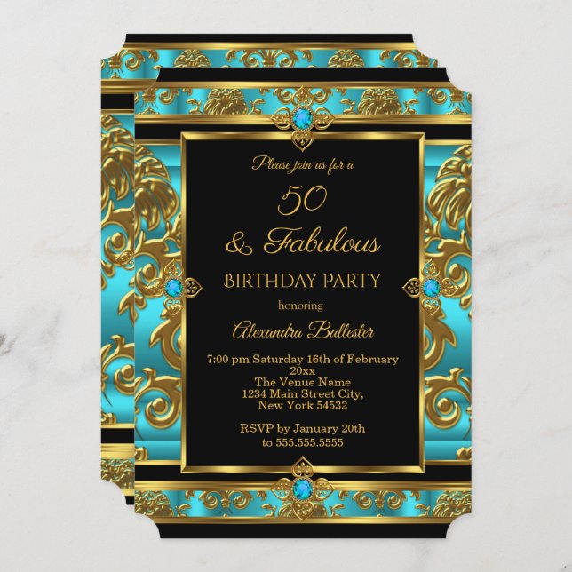 Fabulous 50 Birthday Teal Blue Jewel Damask Guld Inbjudningar (Fram/baksida)