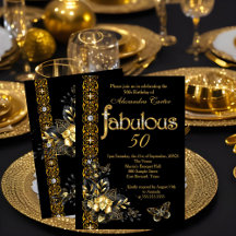 Fabulous 50 Black blommigt Guld födelsedagsfjäril