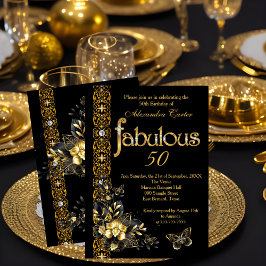 Fabulous 50 Black blommigt Guld födelsedagsfjäril Inbjudningar