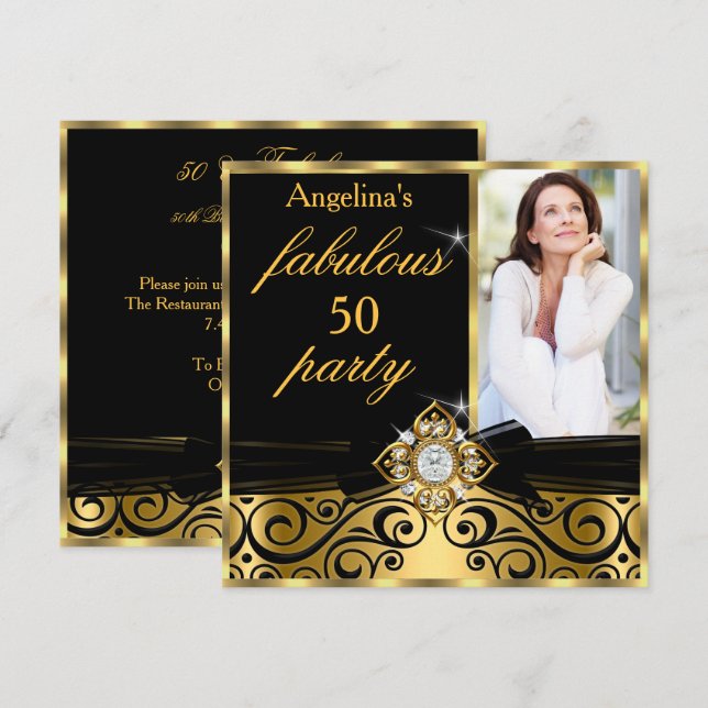 Fabulous 50 Black Guld Faux Diamond Photo Party Inbjudningar (Fram/baksida)