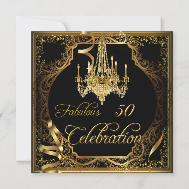 Fabulous 50 Celebration Guld Svart Taklampa Inbjudningar (Framsida)