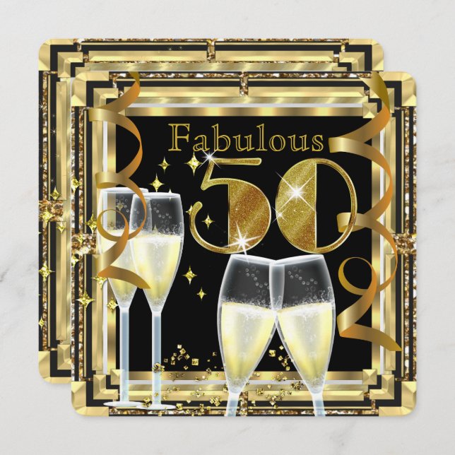 Fabulous 50 Champagne Deco Guld Födelsedagsfest Inbjudningar (Fram/baksida)