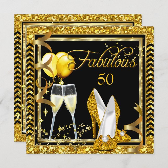 Fabulous 50 Champagne Guld Black Party Inbjudan (Fram/baksida)
