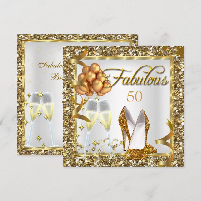 Fabulous 50 Champagne Guld Födelsedagsfest Inbjuda Inbjudningar (Fram/baksida)