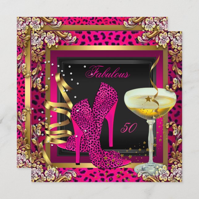 Fabulous 50 Cherry Rosa Leopard Birthday Inbjudningar (Fram/baksida)