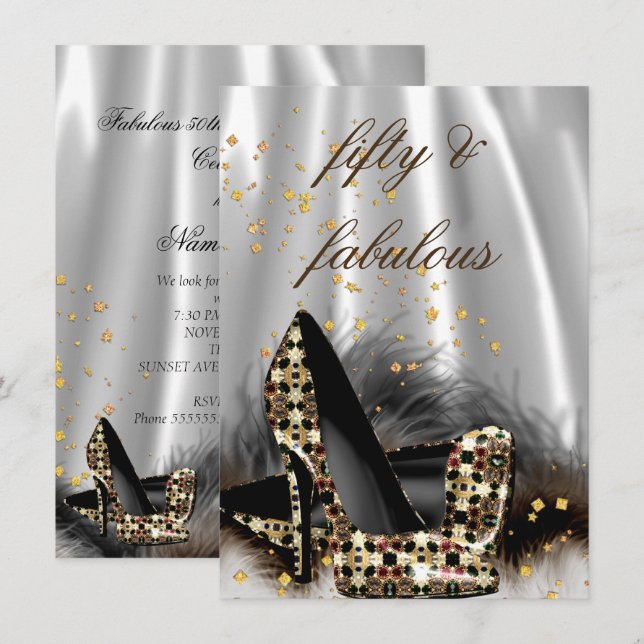 Fabulous 50 Chocolate Guld Silver Heels Birthday Inbjudningar (Fram/baksida)