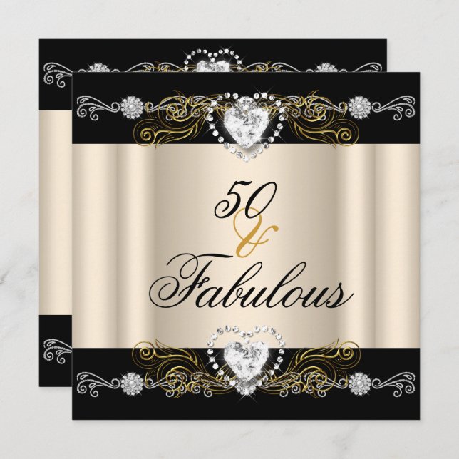 Fabulous 50 Cream Black Silver Guld 50:e födelseda Inbjudningar (Fram/baksida)