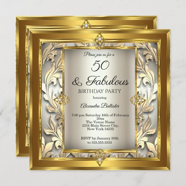 Fabulous 50 Cream Guld blommigt Damask Birthday Inbjudningar (Fram/baksida)