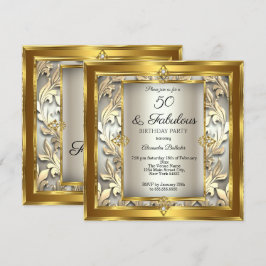 Fabulous 50 Cream Guld blommigt Damask Birthday Inbjudningar