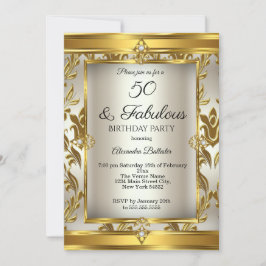 Fabulous 50 Cream Guld Damask Födelsedagsfest Inbjudningar