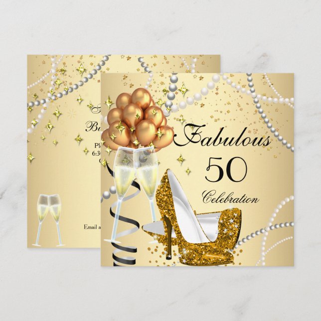 Fabulous 50 Cream Guld Heels Champagne Birthday Inbjudningar (Fram/baksida)