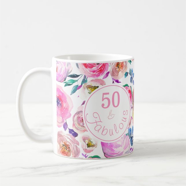 Fabulous 50:e Birthday Rosa Lila Ro Peonies Kaffemugg (Vänster)