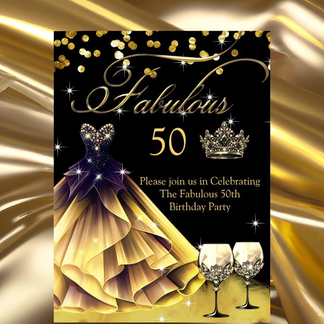 Fabulous 50:e födelsedag Black Guld Dress krona Inbjudningar (Skapare uppladdad)