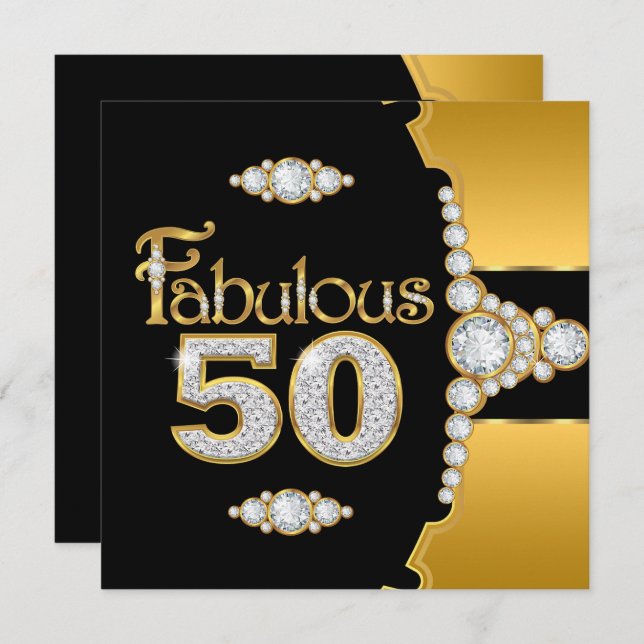 Fabulous 50:e födelsedag Guld Black Diamond 2 Inbjudningar (Fram/baksida)