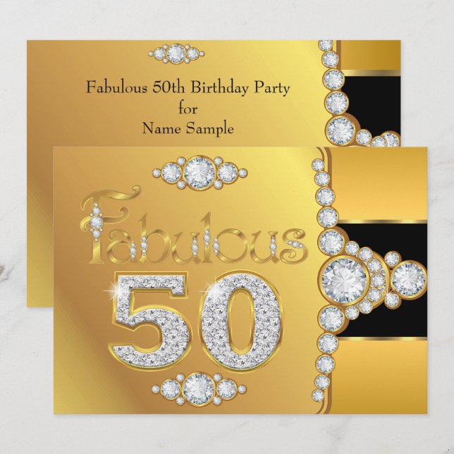 Fabulous 50:e födelsedag Guld Black Diamond Inbjudningar (Fram/baksida)