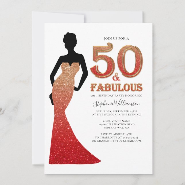 Fabulous 50:e födelsedagen Ombre Glitter Gown Inva Inbjudningar (Framsida)