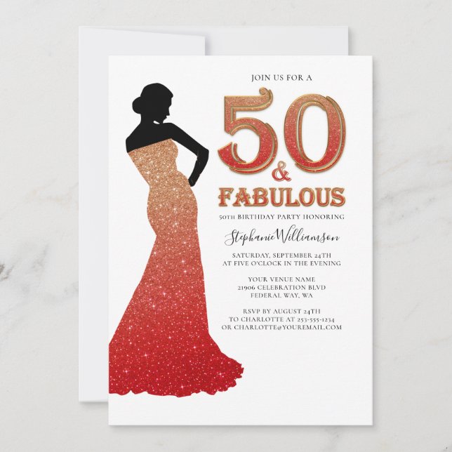 Fabulous 50:e födelsedagen Ombre Glitter Gown Inva Inbjudningar (Framsida)