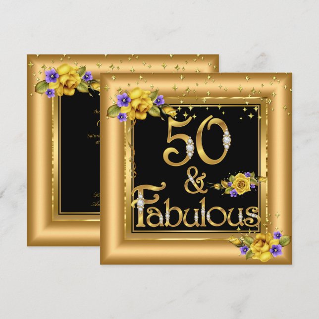 Fabulous 50:e Födelsedagsfest Guld Black Gult Inbjudningar (Fram/baksida)