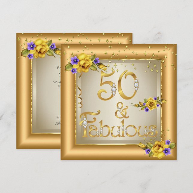 Fabulous 50:e Födelsedagsfest Guld Gult Flower Inbjudningar (Fram/baksida)