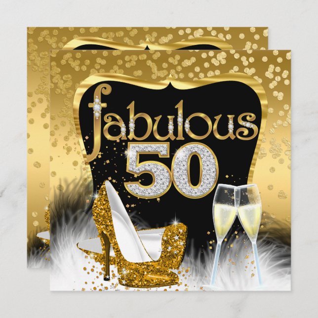Fabulous 50:e Födelsedagsfesten Guld Diamond Glitt Inbjudningar (Fram/baksida)