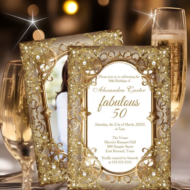 Fabulous 50:e fotobeige Golden Pearl-födelsedag Inbjudningar (Skapare uppladdad)