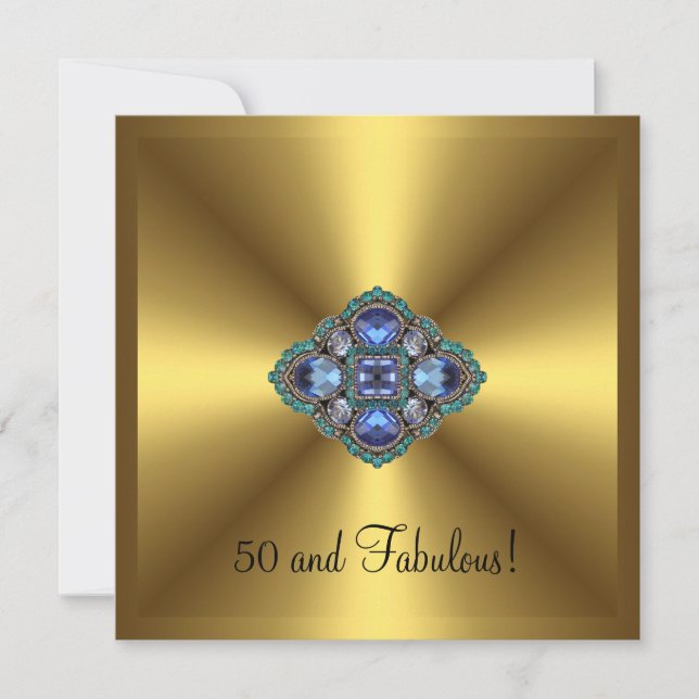 Fabulous 50:e Guld Blue Jewel Elegant Birthday Inbjudningar (Framsida)