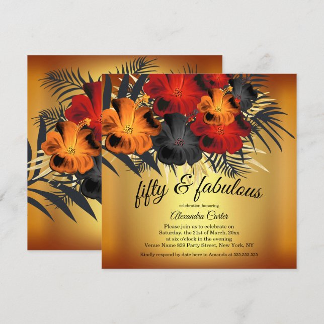 Fabulous 50:e Guld Red Orange Black Hibiscus party Inbjudningar (Fram/baksida)