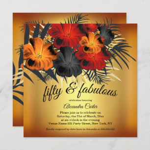 Fabulous 50:e Guld Red Orange Black Hibiscus party Inbjudningar