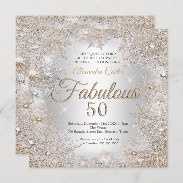 Fabulous 50:e Party Photo Silver Beige Snöflingor Inbjudningar (Fram/baksida)