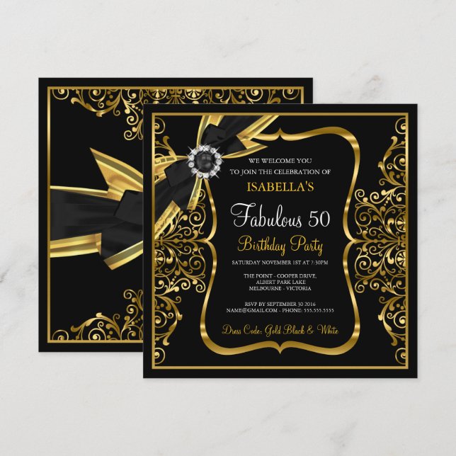 Fabulous 50:e Pearl Guld Snöre Bow Black Inbjudan (Fram/baksida)