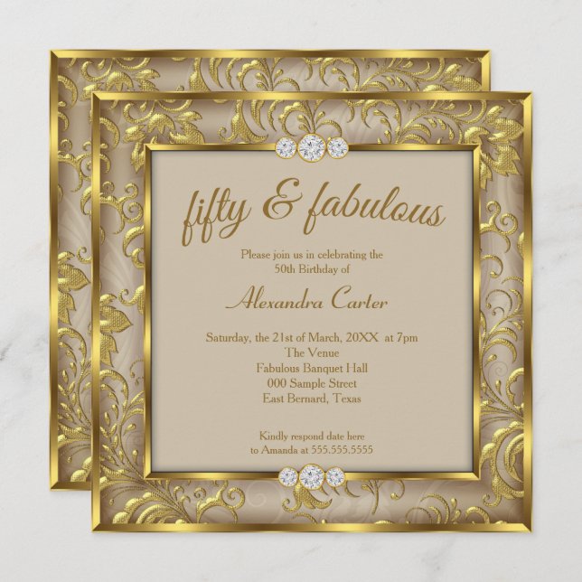 Fabulous 50:e Photo Beige Brown Damask Guld Party Inbjudningar (Fram/baksida)