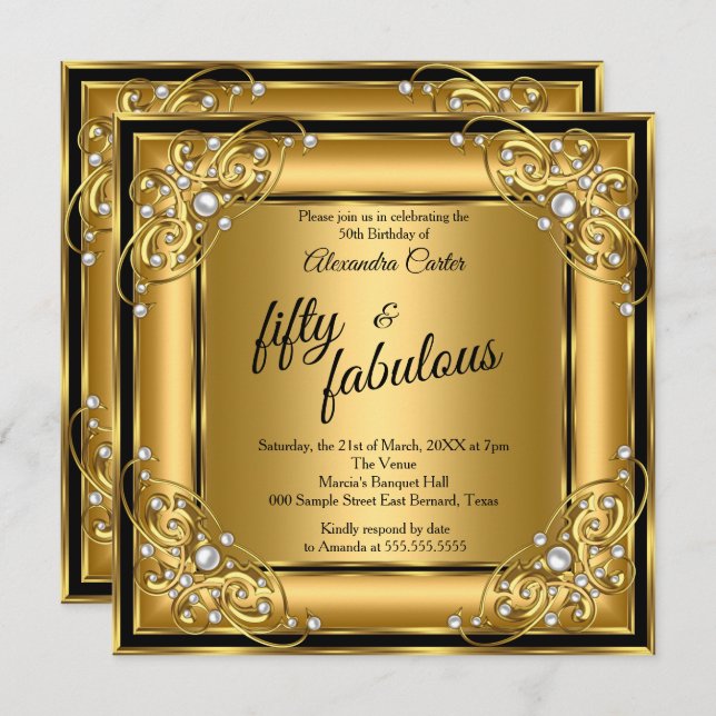 Fabulous 50:e Photo Black Guld födelsedagsfest Inbjudningar (Fram/baksida)