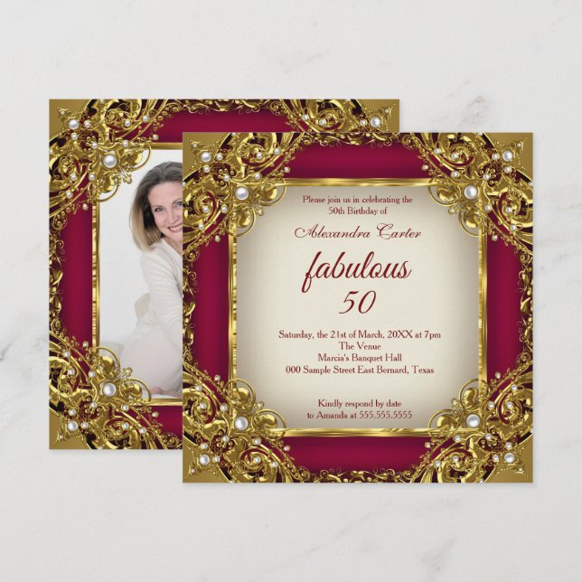 Fabulous 50:e Photo burgundy red beige Guld Party Inbjudningar (Fram/baksida)
