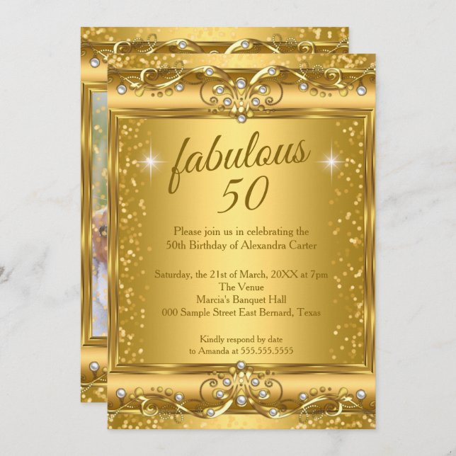 Fabulous 50:e Photo gnistra Guld födelsedagsfest Inbjudningar (Fram/baksida)