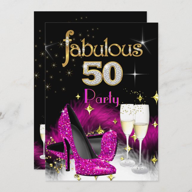 Fabulous 50:e Shock rosa Champagne 2 Party Inbjudningar (Fram/baksida)