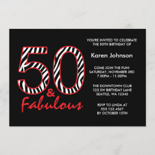 Fabulous 50:e Svart och Red Zebra-födelsedagen Inbjudningar