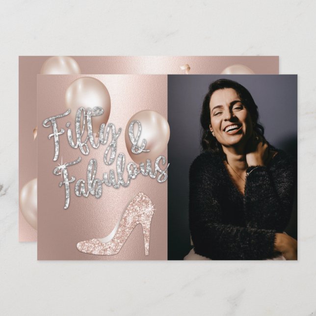 Fabulous 50 Elegant Ro Guld Foto 50:e födelsedagen Inbjudningar (Fram/baksida)