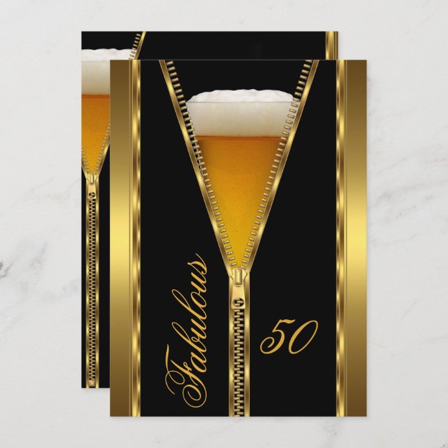 Fabulous 50 Elegant Zipper Guld Beer Drink Inbjudningar (Fram/baksida)
